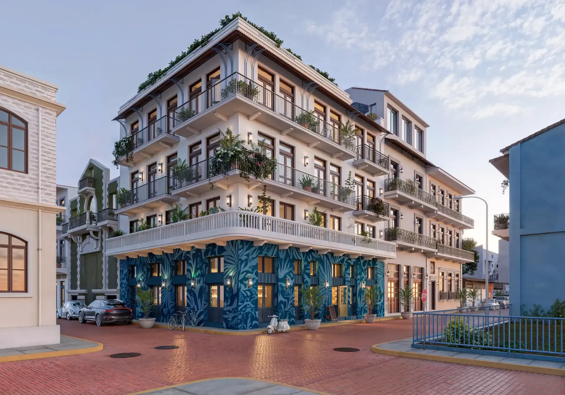 Fachada de Doña Ceci, edificio de estilo colonial en una esquina del Casco Viejo de Panamá