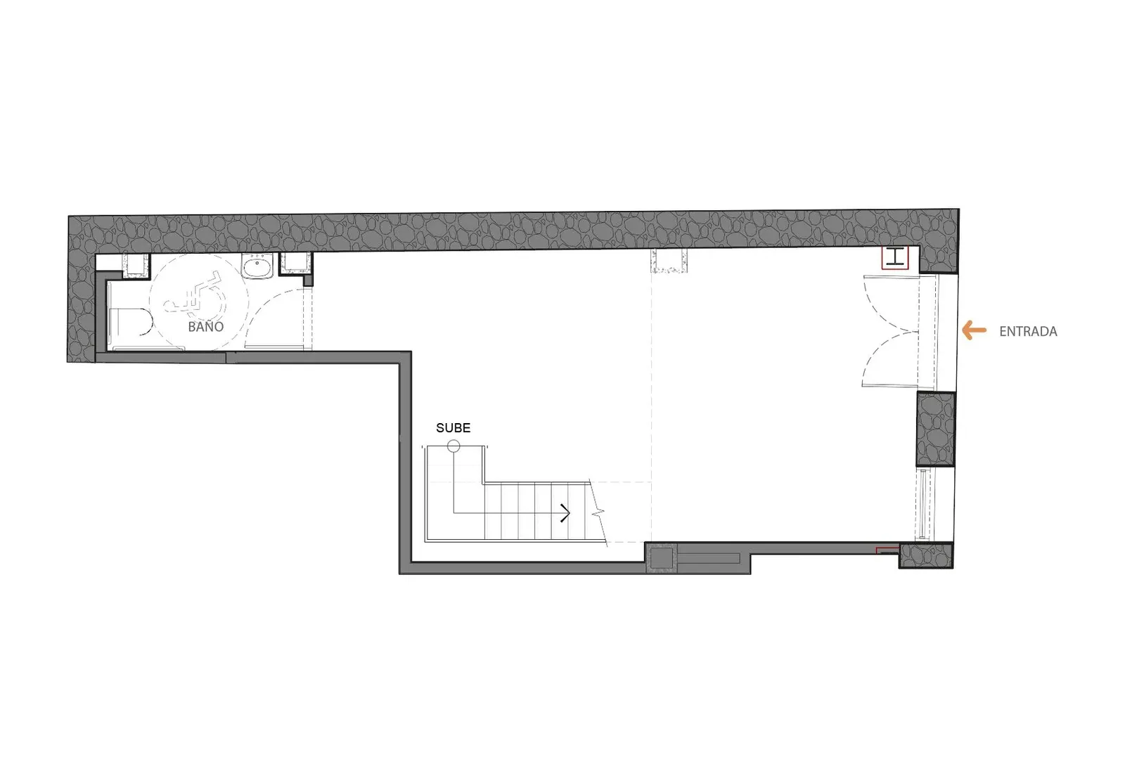 Plano de la planta baja del Local A de Doña Ceci en el Casco Viejo: doble altura, baño y escalera al mezzanine