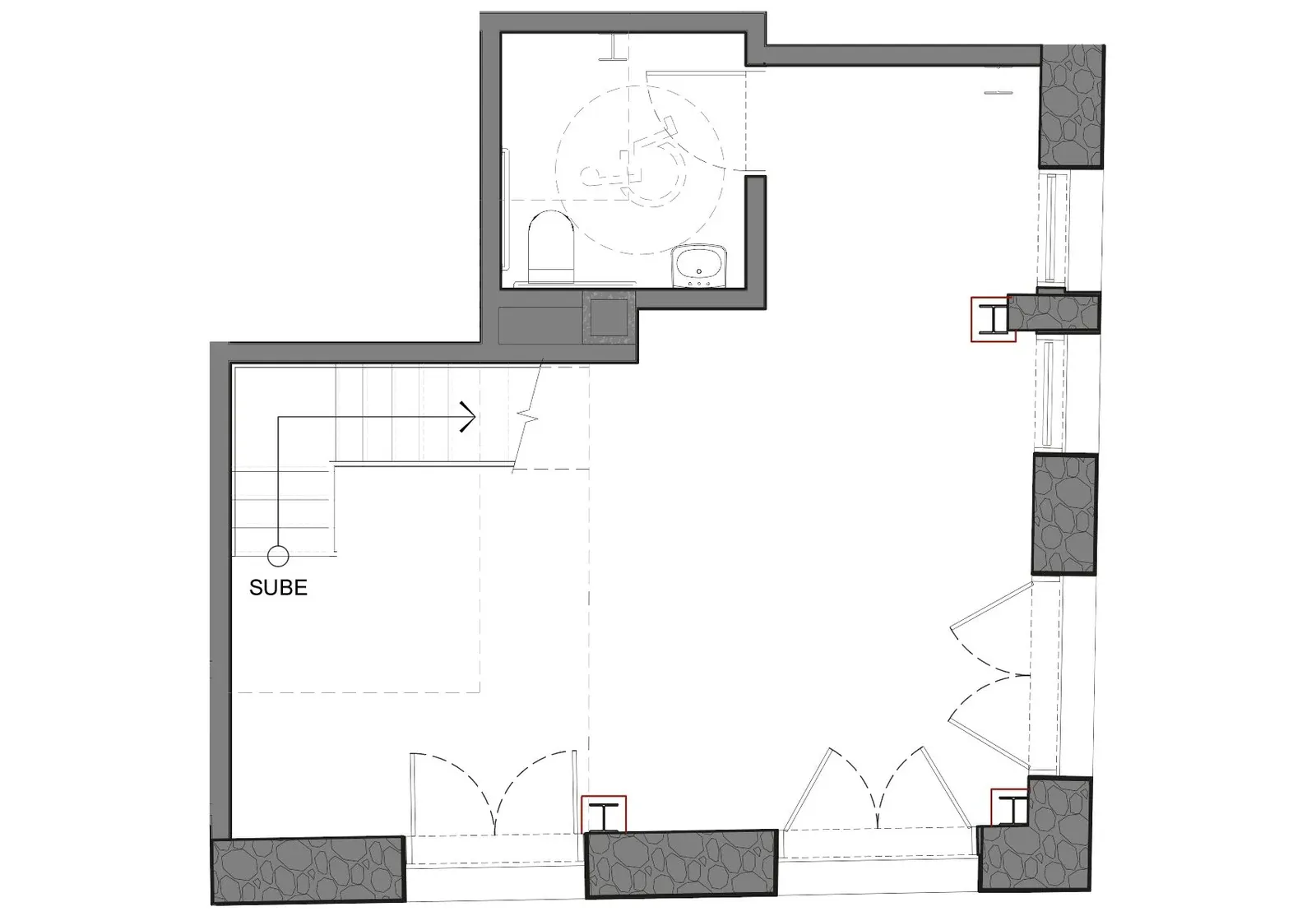 Plano de la planta baja del Local B de Doña Ceci en el Casco Viejo: doble altura, baño y escalera al mezzanine