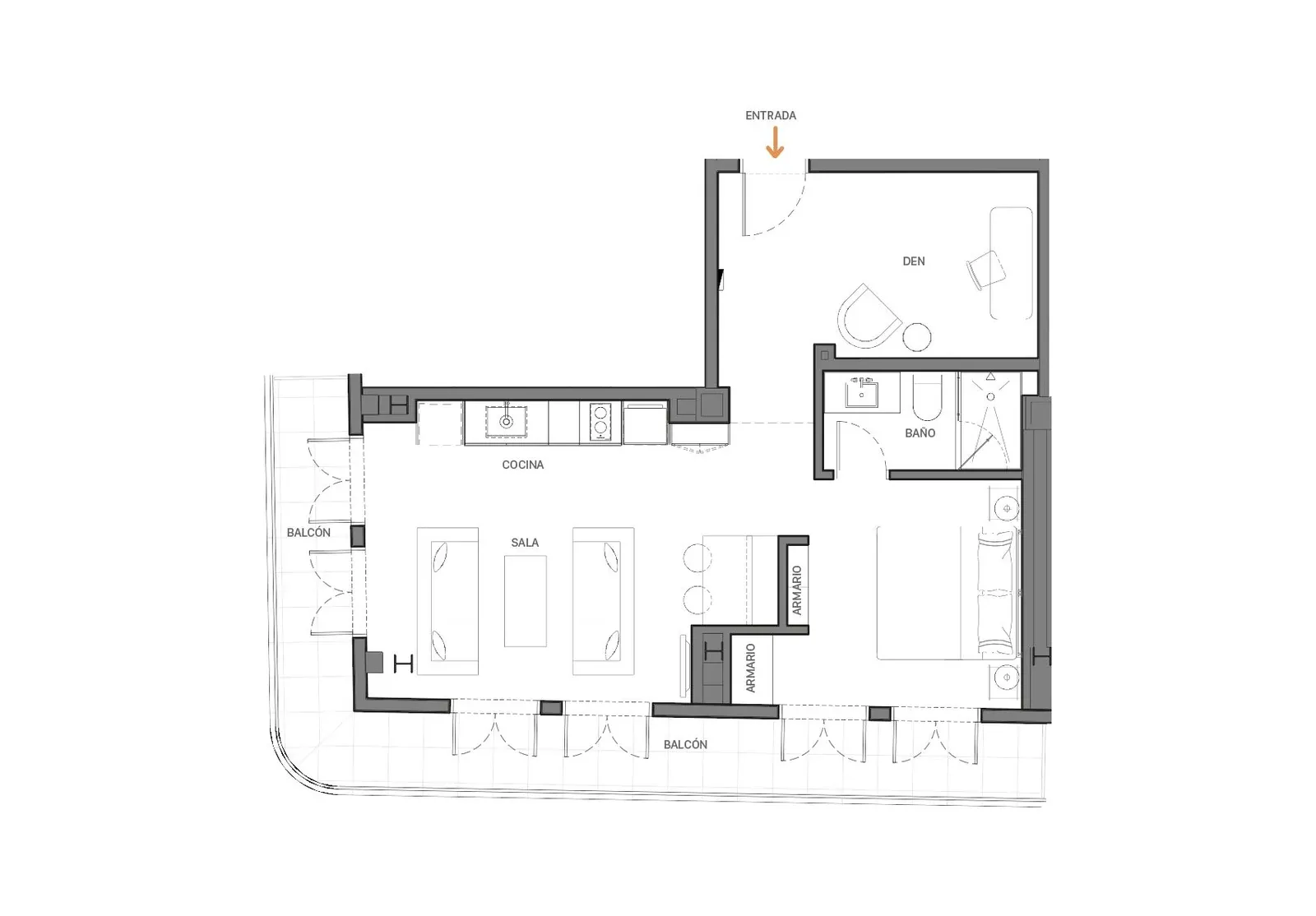 Plano del Apartamento 1B de Doña Ceci en el Casco Viejo: 1 recámara, den y balcón
