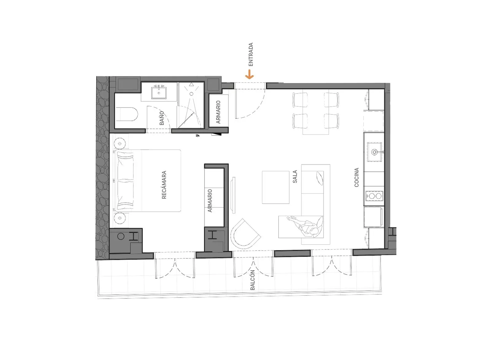 Plano del Apartamento 1C de Doña Ceci en el Casco Viejo: 1 recámara y balcón