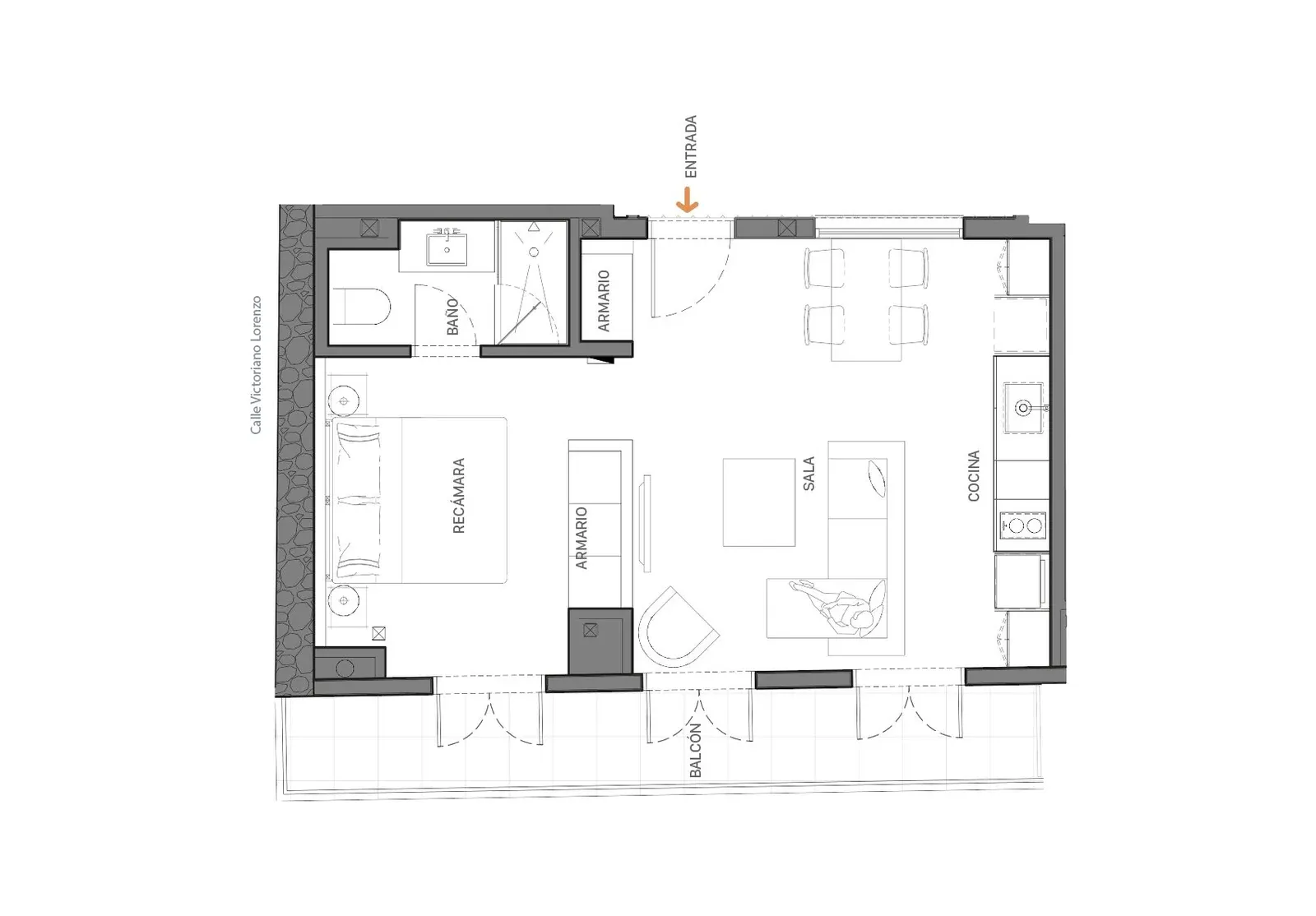 Plano del Apartamento 2C de Doña Ceci en el Casco Viejo: 1 recámara y balcón