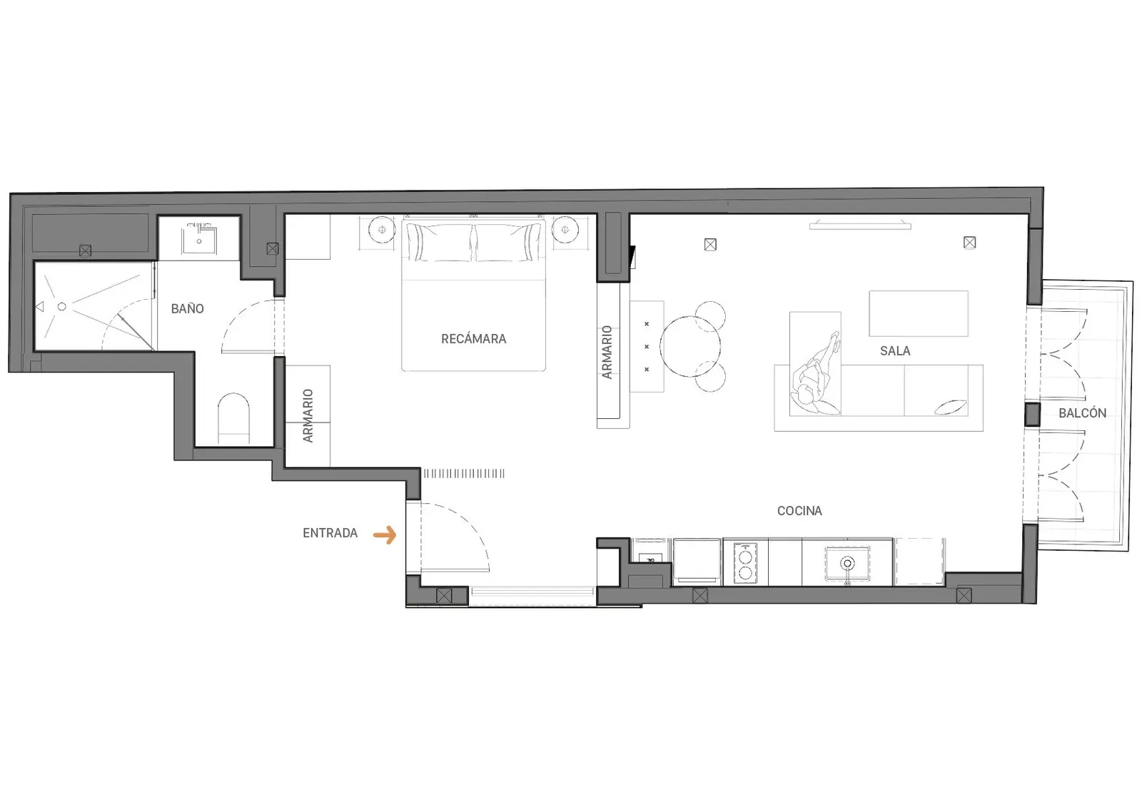 Plano del Apartamento 3A de Doña Ceci en el Casco Viejo: 1 recámara y balcón