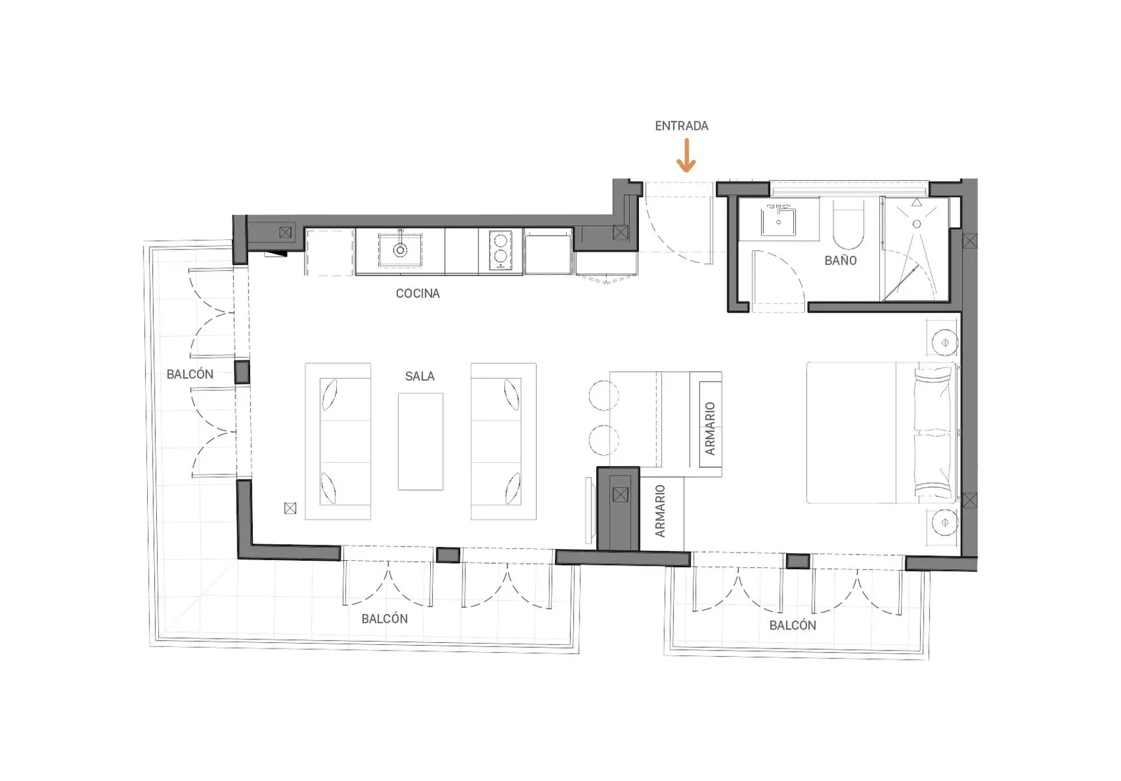Plano del Apartamento 3B de Doña Ceci en el Casco Viejo: 1 recámara y dos balcones