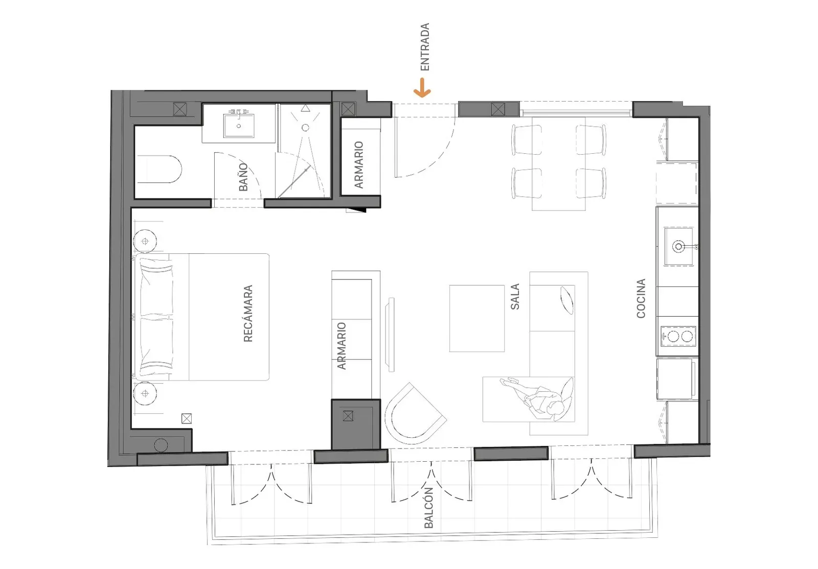 Plano del Apartamento 3C de Doña Ceci en el Casco Viejo: 1 recámara y balcón
