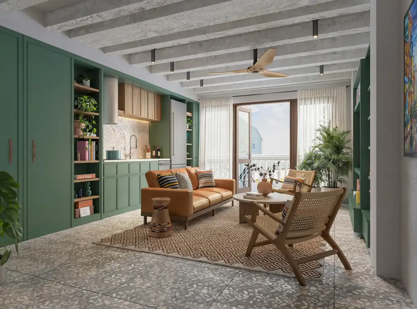 Sala y cocina abierta de un apartamento de Doña Ceci en el Casco Viejo