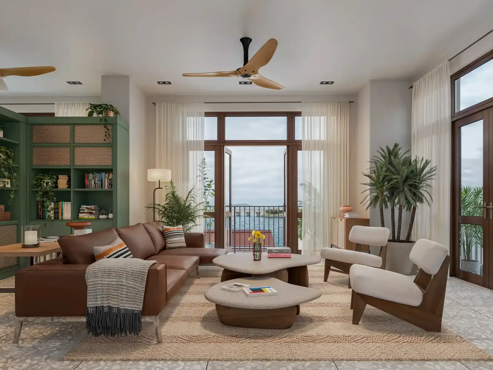 Sala de un apartamento de Doña Ceci con balcón y vista al mar, en el Casco Viejo