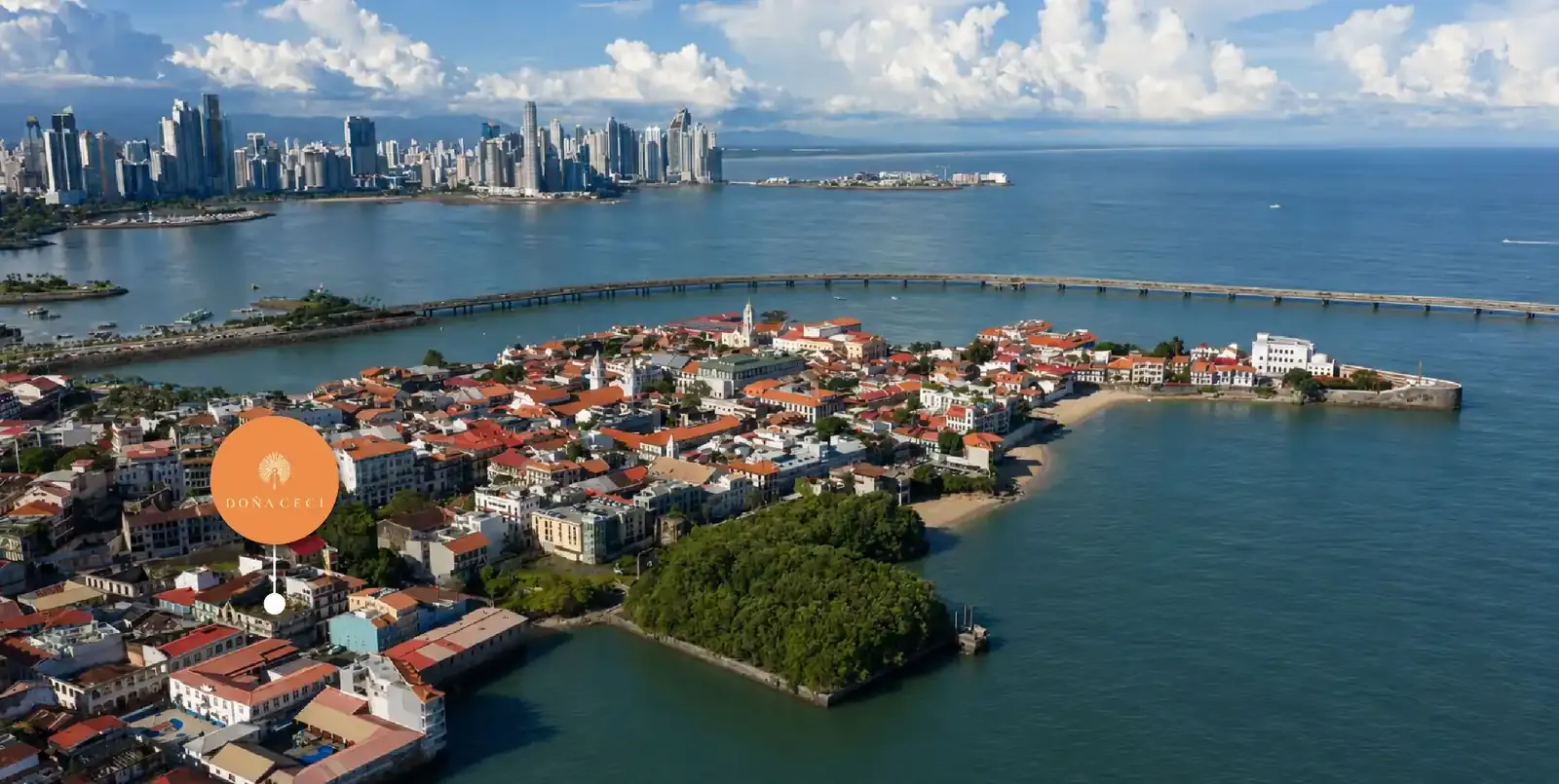 Vista aérea del Casco Viejo de Panamá con la ubicación de Doña Ceci