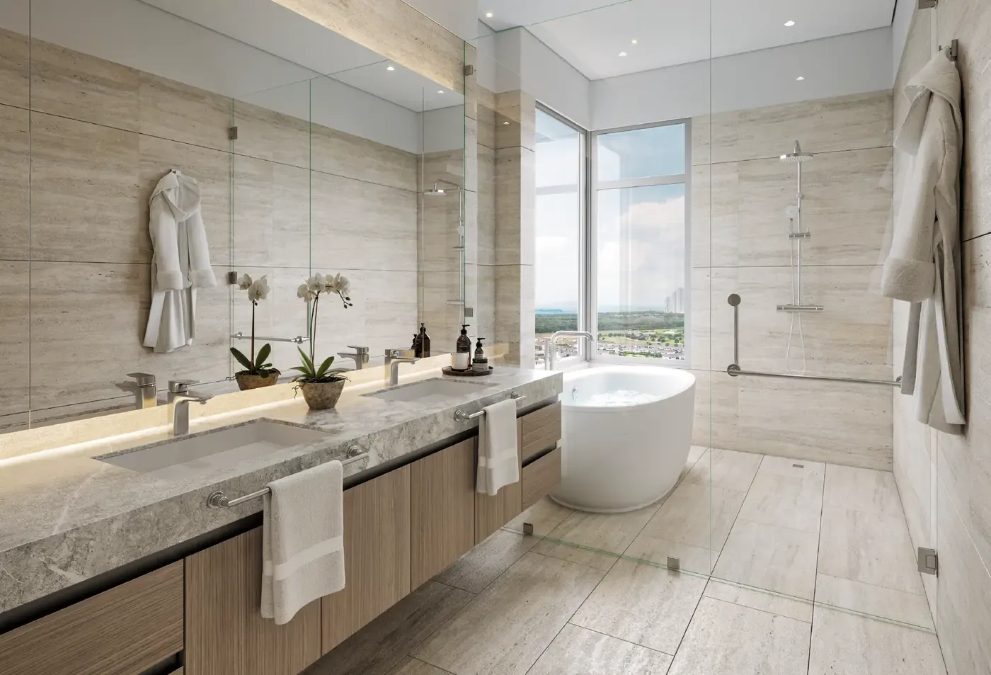 Baño principal con tina exenta y ducha de vidrio en Guayacán, Santa María