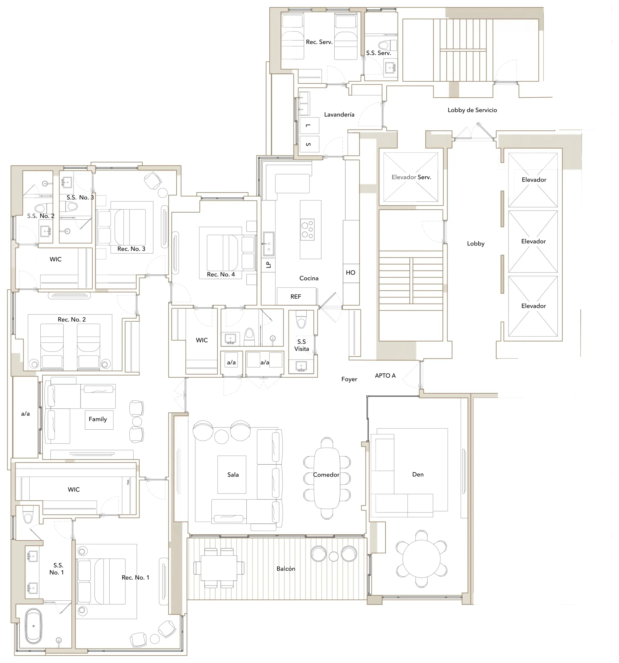 Plano del apartamento tipo A de Guayacán en Santa María: cuatro recámaras, sala familiar, den, balcón y área de servicio