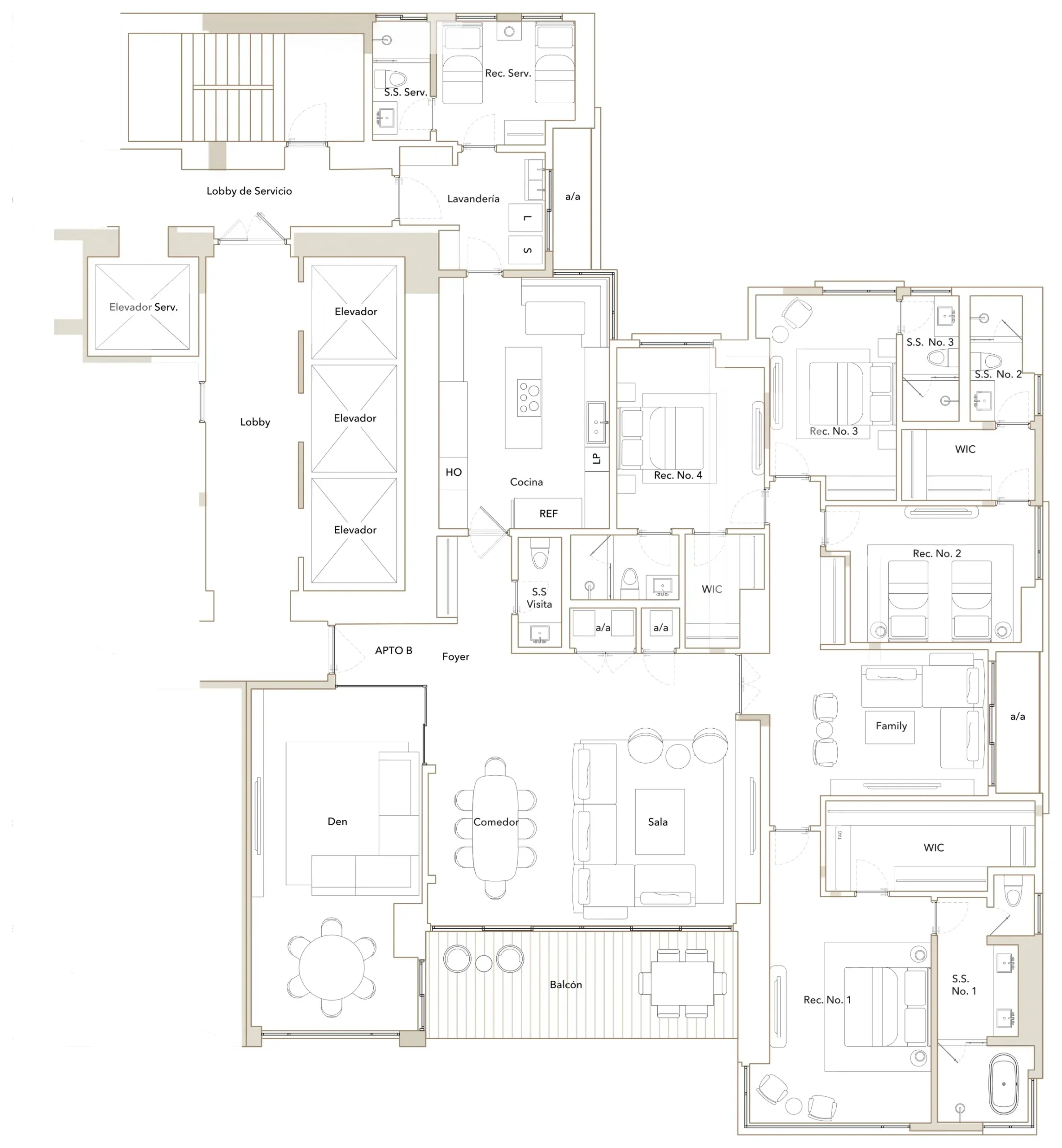 Plano del apartamento tipo B de Guayacán en Santa María: cuatro recámaras, sala familiar, den, balcón y área de servicio