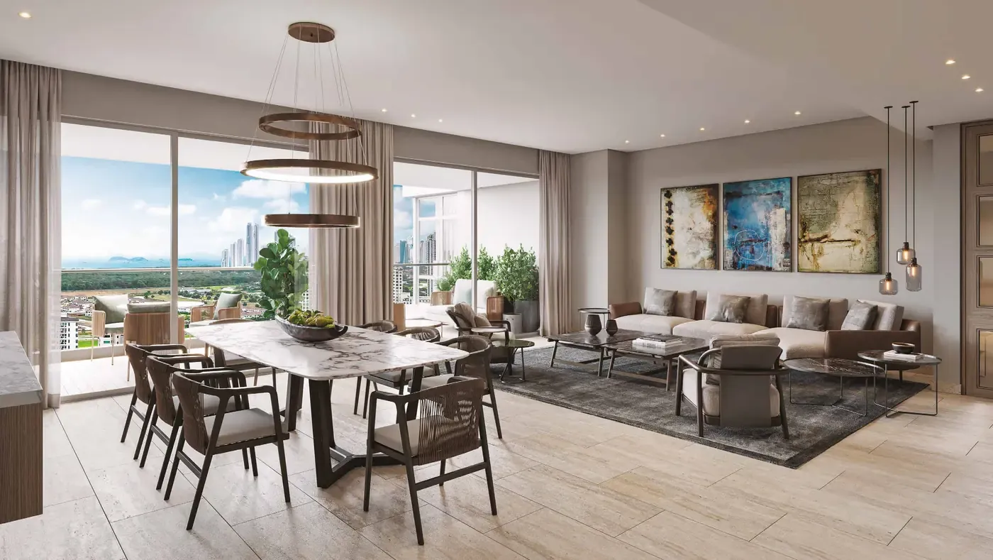 Sala y comedor de un apartamento en Guayacán, Santa María, con salida al balcón