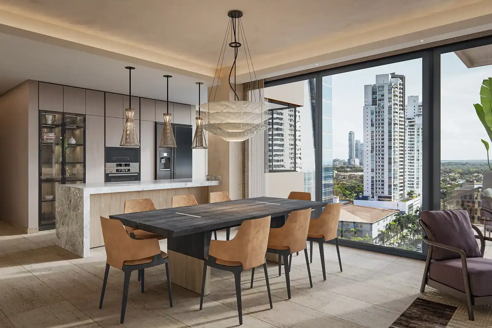 Cocina y comedor con vista a la ciudad en Madero, Costa del Este