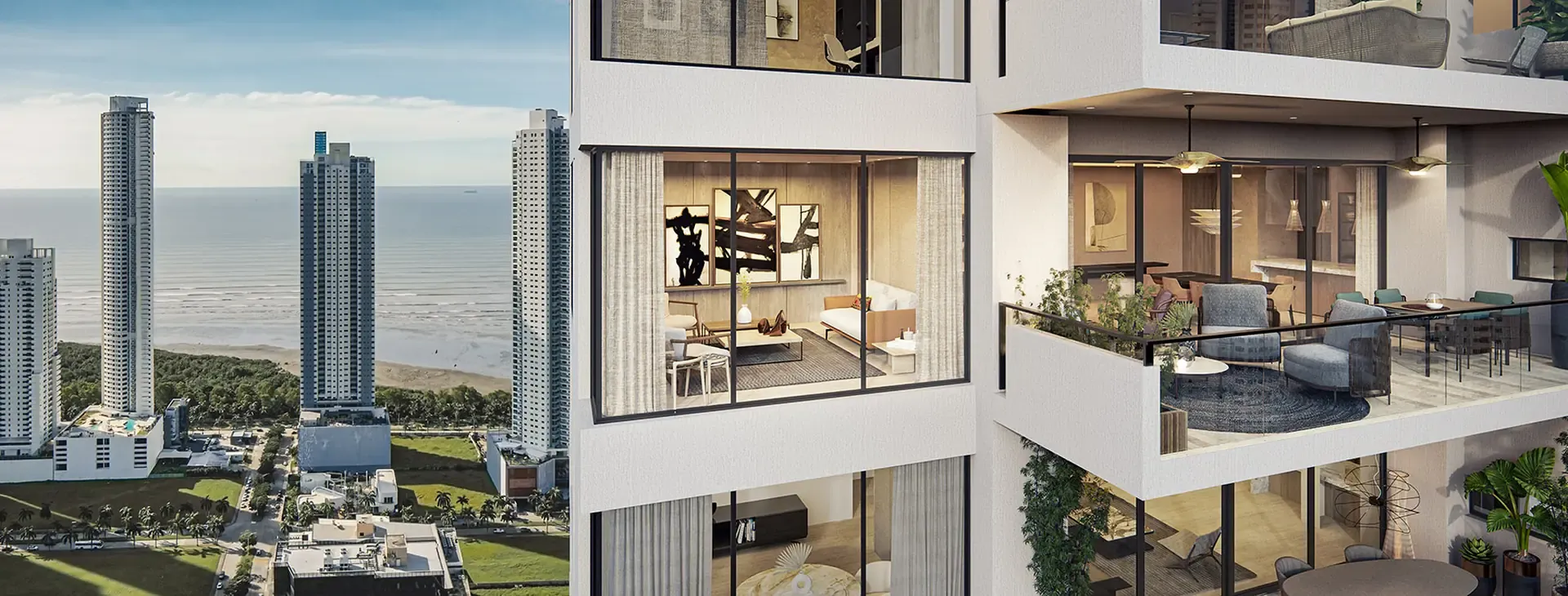 Fachada de Madero en Costa del Este, con interiores iluminados y vista al mar
