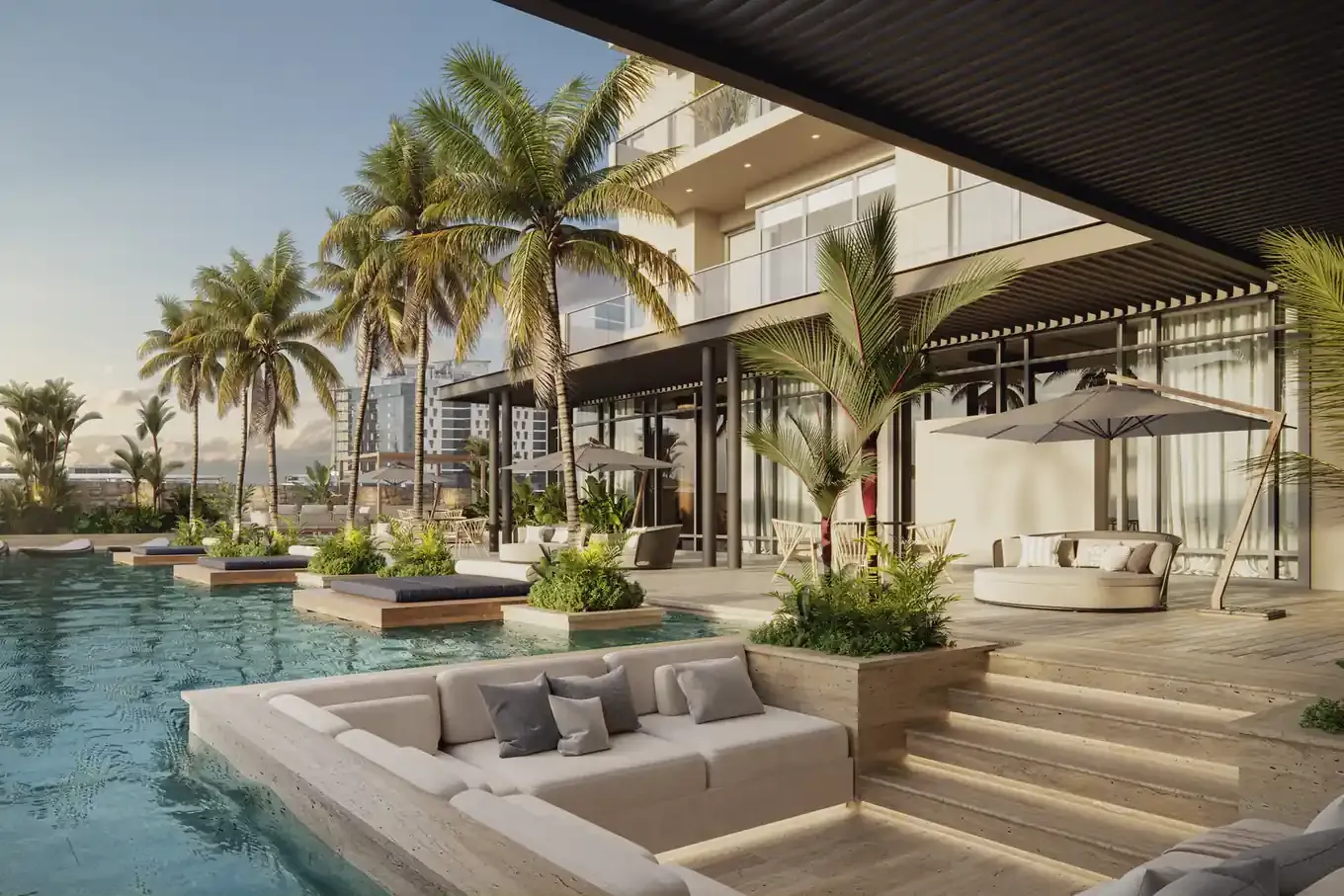 Terraza de la piscina de Madero en Costa del Este, con camastros