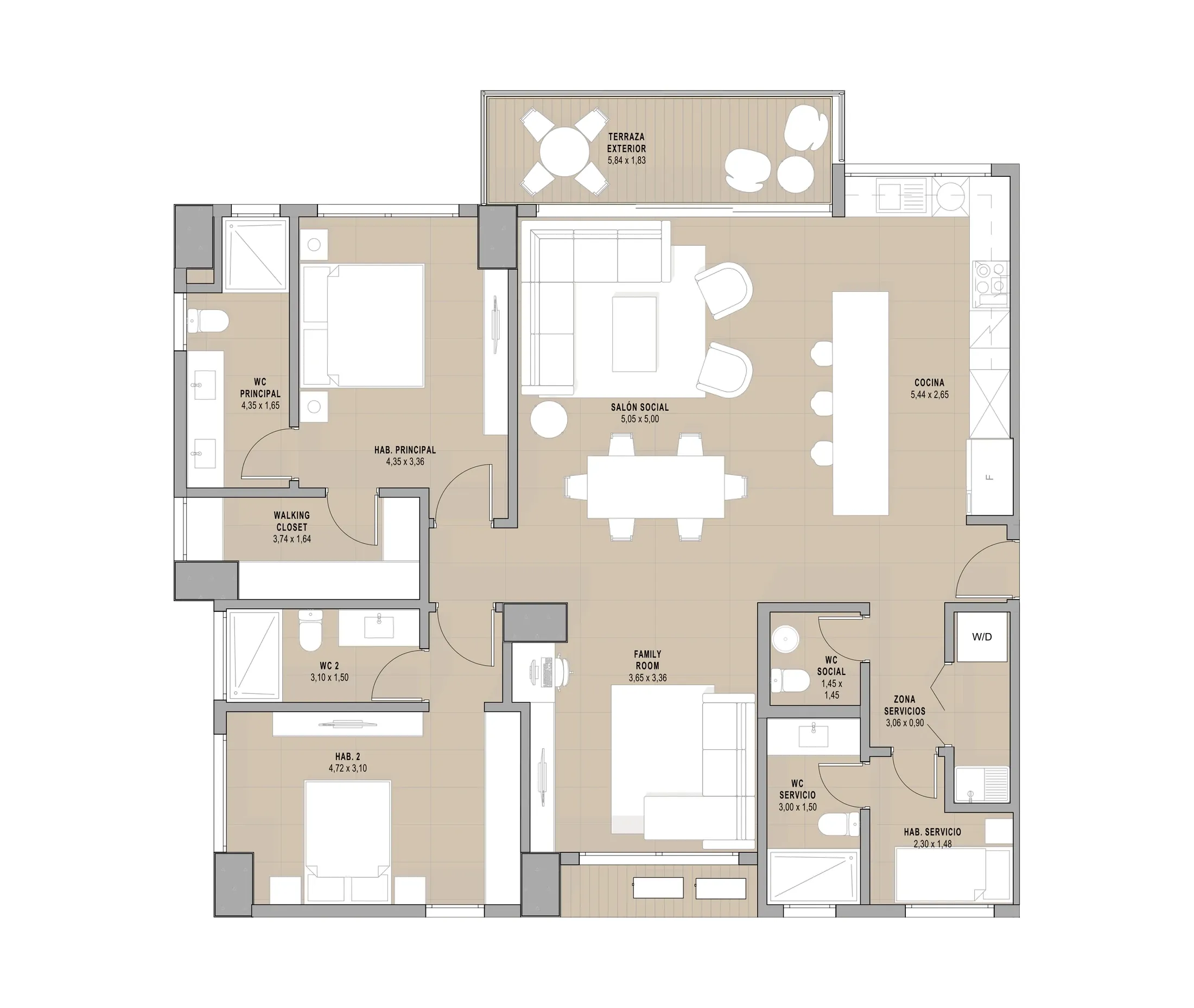 Plano del apartamento Tipo A de Madero en Costa del Este: 2 recámaras, family room, terraza y 2 estacionamientos
