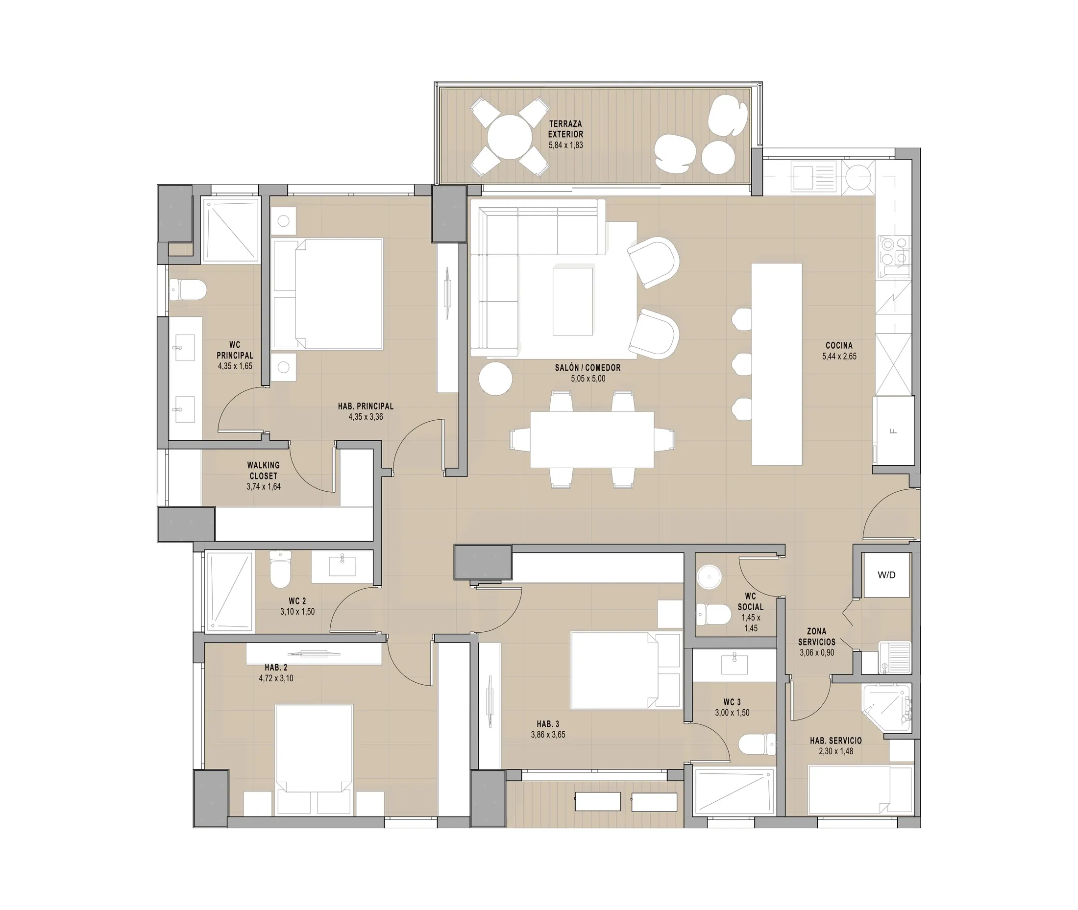 Plano del apartamento Tipo A2 de Madero en Costa del Este: 3 recámaras, terraza y 2 estacionamientos