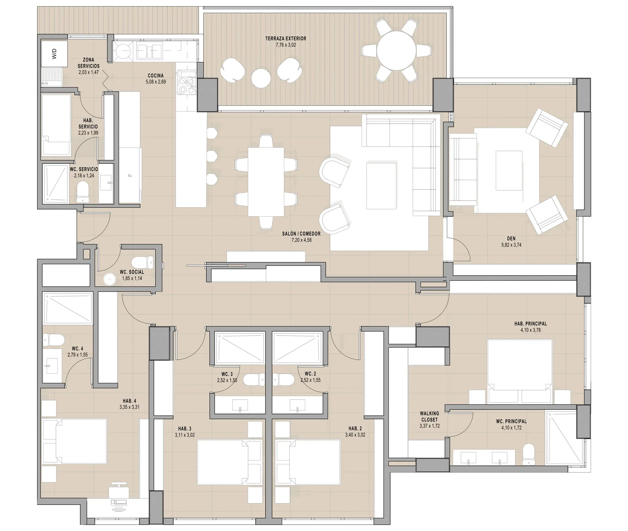 Plano del apartamento Tipo B de Madero en Costa del Este: 4 recámaras, den, terraza y 3 estacionamientos