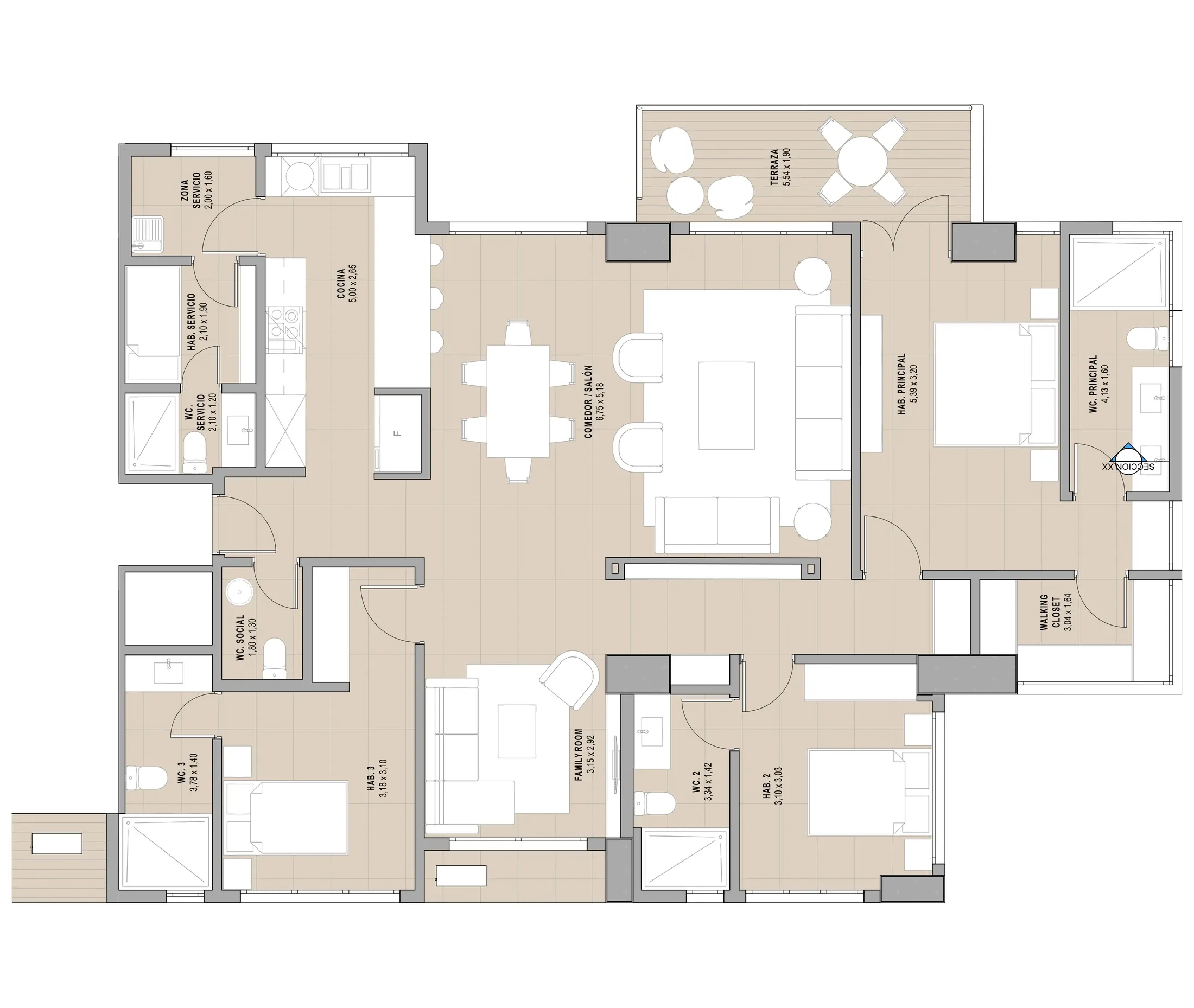 Plano del apartamento Tipo C de Madero en Costa del Este: 3 recámaras, family room, terraza y 2 estacionamientos