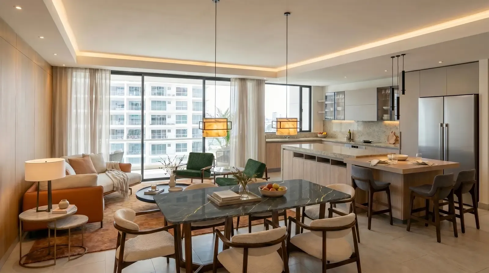 Sala, comedor y cocina de un apartamento en Madero, Costa del Este