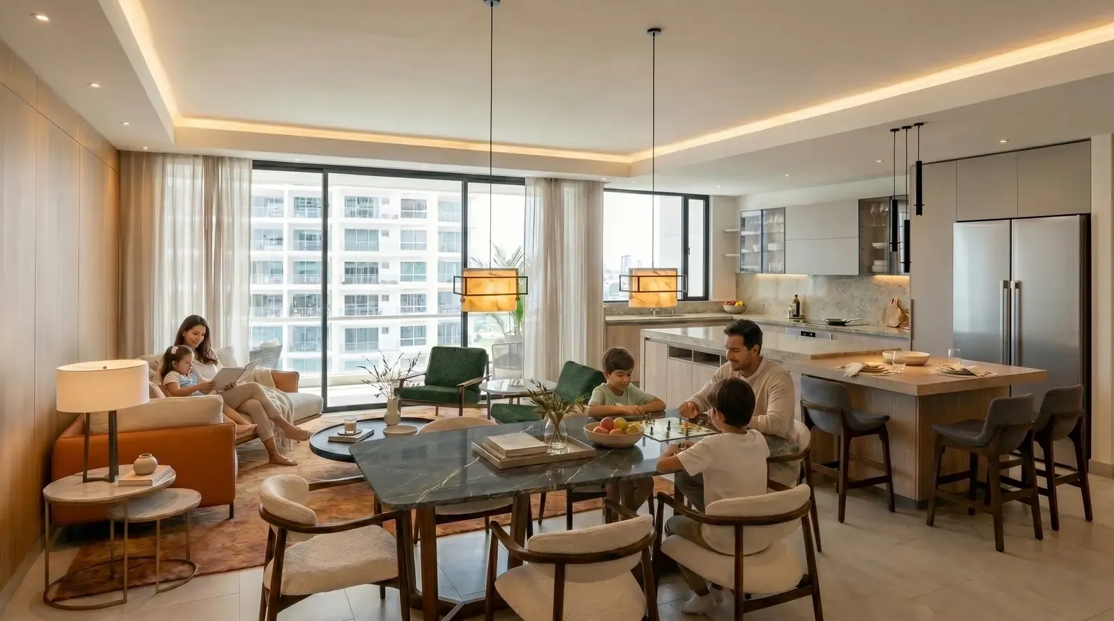 Sala y comedor de un apartamento en Madero, Costa del Este, con una familia