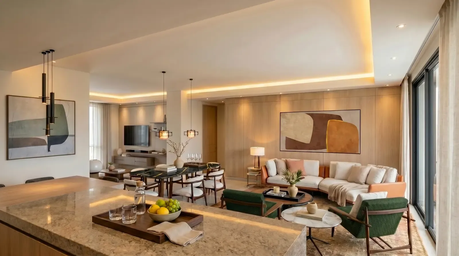 Salón social de un apartamento en Madero, Costa del Este