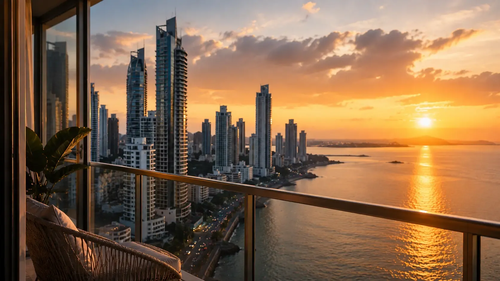 Skyline de Ciudad de Panamá al atardecer visto desde el balcón de un apartamento frente al mar, una de las mejores zonas para vivir en Panamá para extranjeros