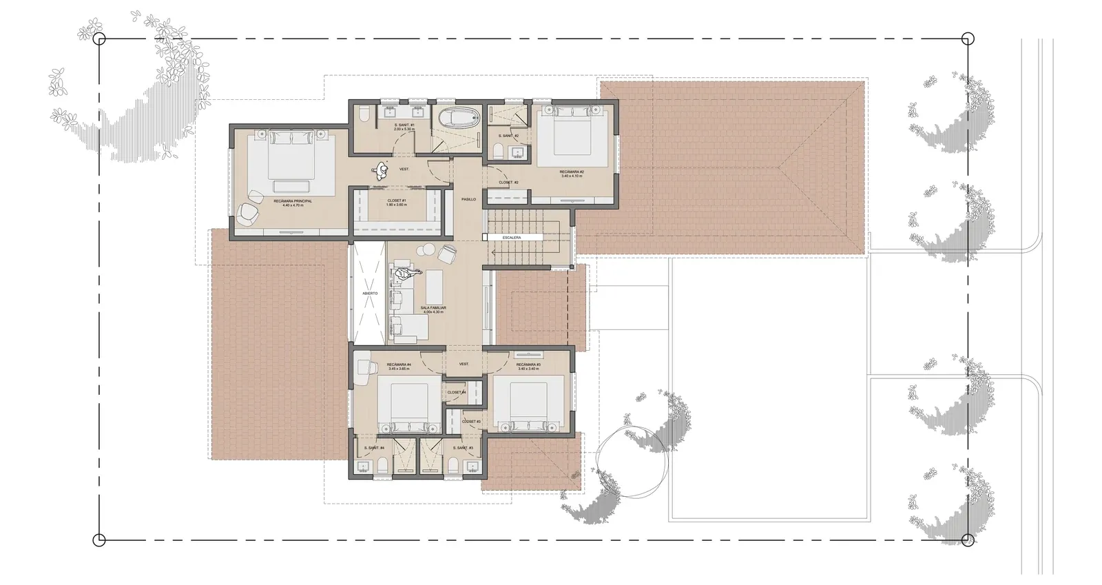 Planta alta de la opción 1 de Paseo del Este en Costa del Este: cuatro recámaras con baño y sala familiar
