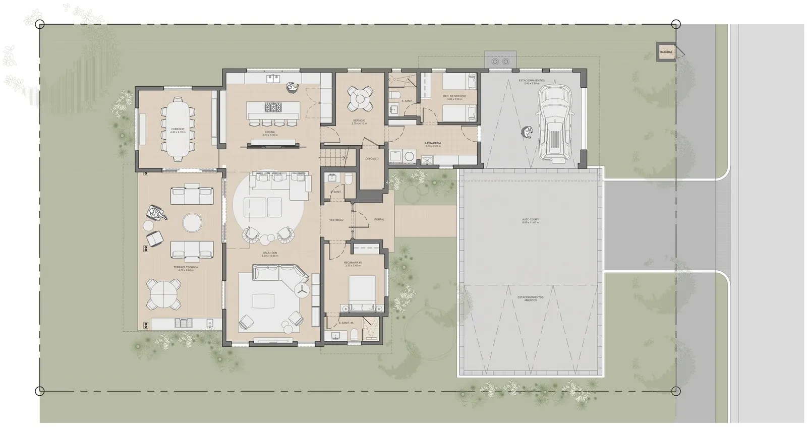Planta baja de la opción 1 de Paseo del Este en Costa del Este: sala den, comedor, cocina, quinta recámara, terraza techada y auto court