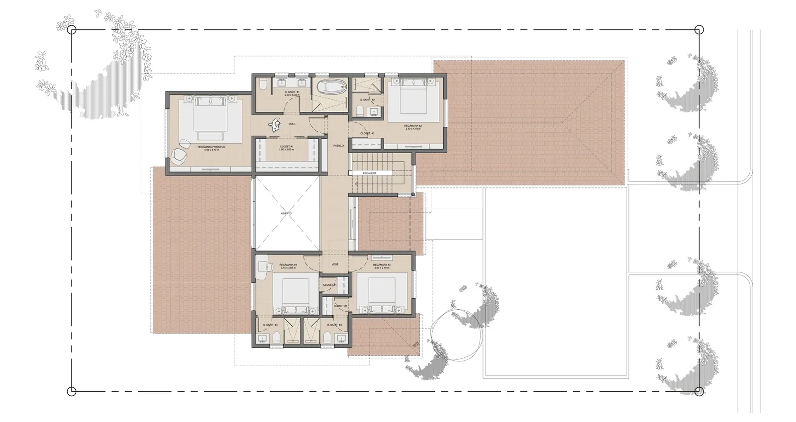 Planta alta de las opciones 2 y 4 de Paseo del Este en Costa del Este: cuatro recámaras con baño y doble altura