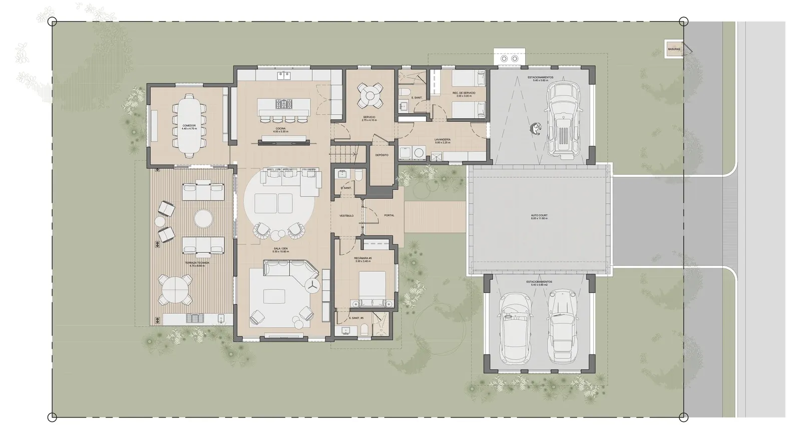 Planta baja de la opción 2 de Paseo del Este en Costa del Este: sala den, comedor, cocina, quinta recámara y terraza techada
