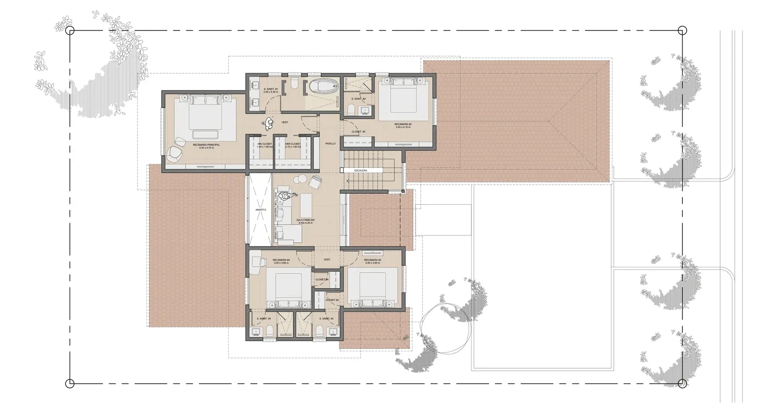 Planta alta de las opciones 3 y 5 de Paseo del Este en Costa del Este: cuatro recámaras con baño, sala familiar y closets de ella y de él