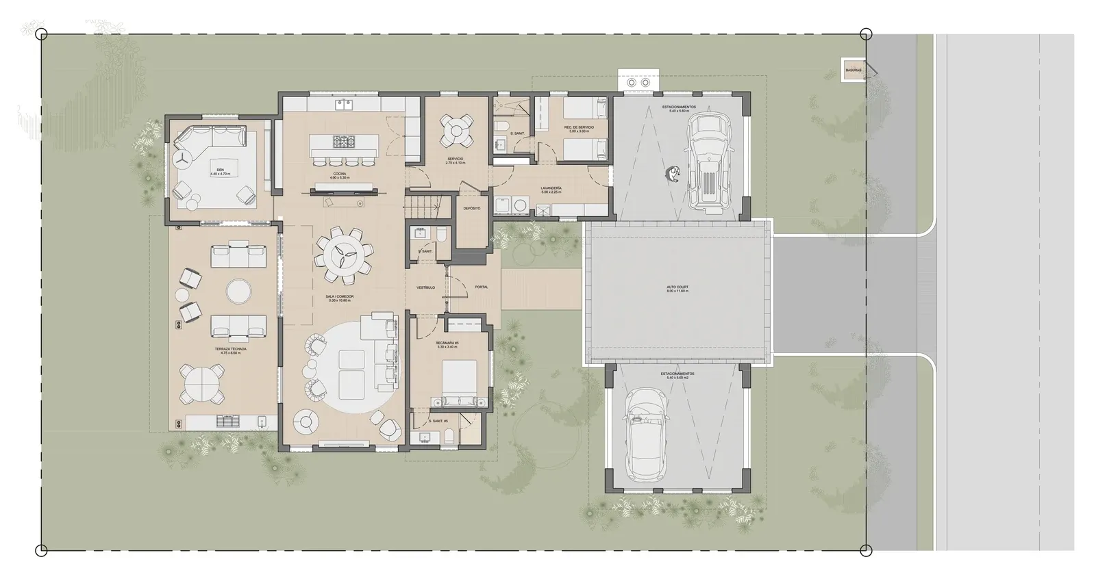 Planta baja de la opción 3 de Paseo del Este en Costa del Este: den, sala comedor, cocina, quinta recámara y terraza techada