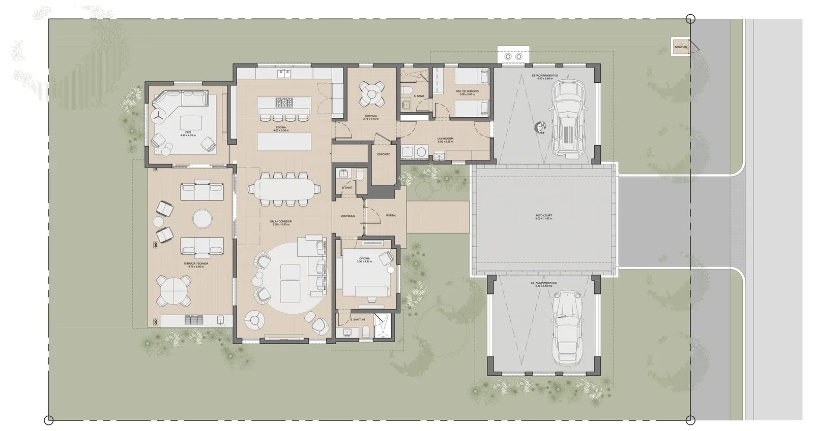 Planta baja de la opción 4 de Paseo del Este en Costa del Este: den, sala comedor, cocina, oficina con baño y terraza techada