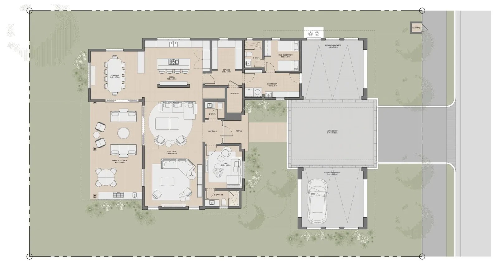 Planta baja de la opción 5 de Paseo del Este en Costa del Este: comedor, sala den, cocina, den con baño y terraza techada