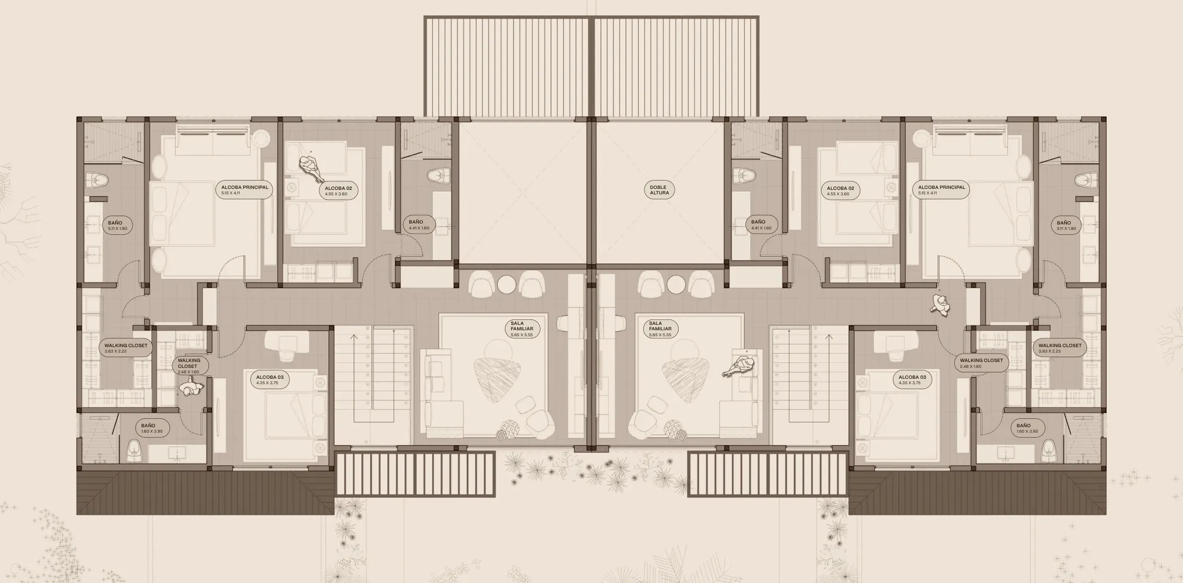 Planta alta del modelo A de The Woods en Santa María: tres recámaras, tres baños, dos walking closets, sala familiar y doble altura