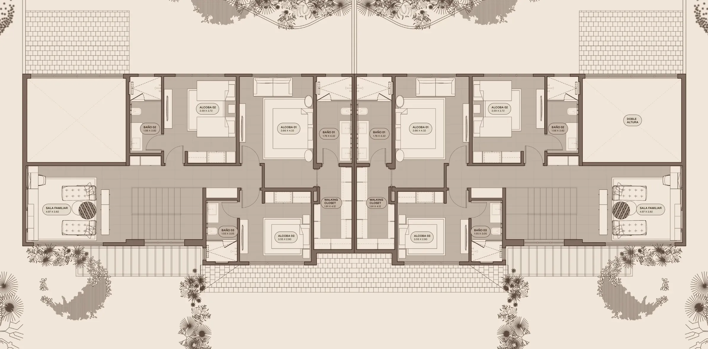 Planta alta del modelo B1 de The Woods en Santa María: tres recámaras, tres baños, walking closet, sala familiar y doble altura