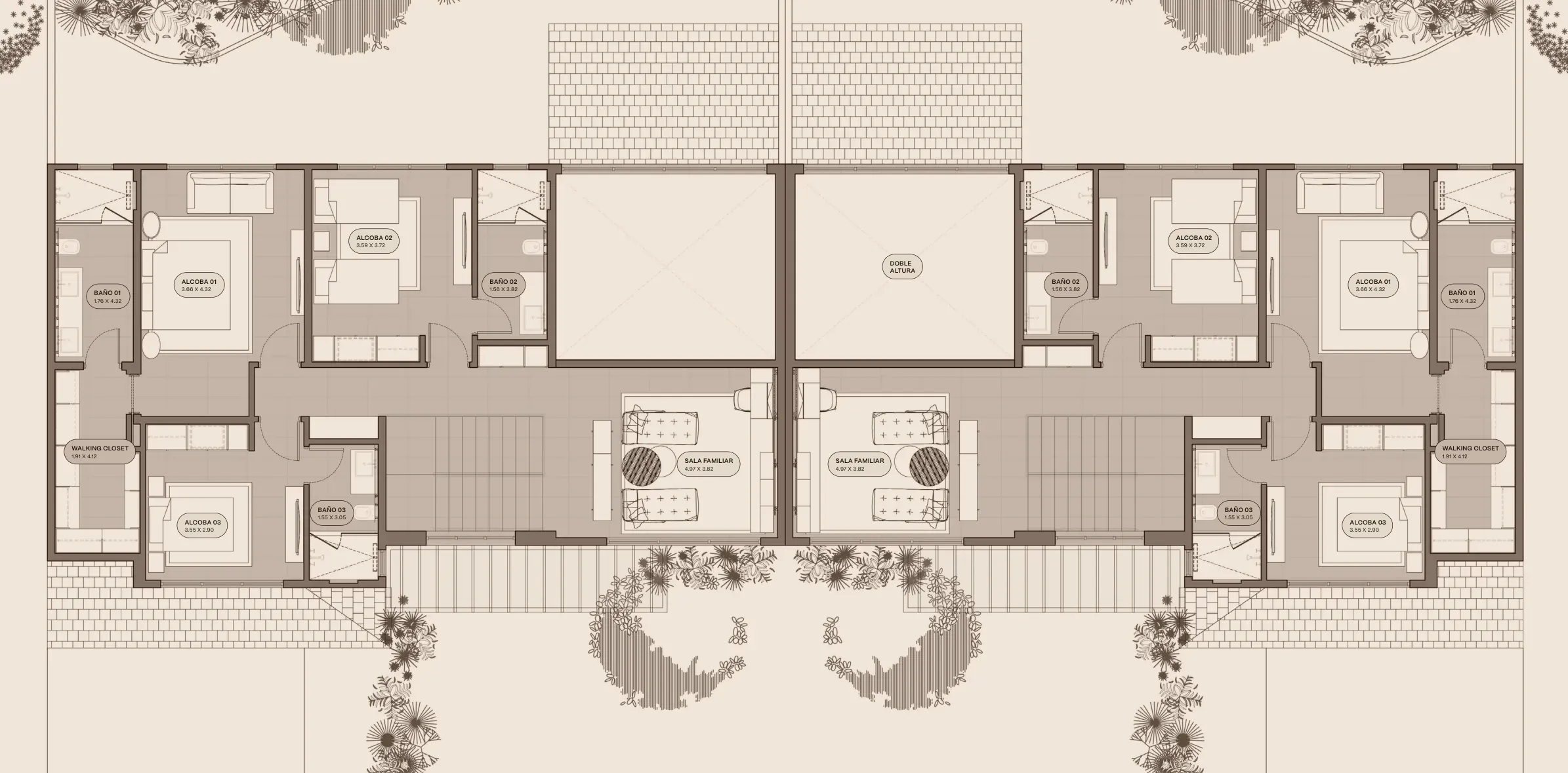 Planta alta del modelo B1 de The Woods en Santa María: tres recámaras, tres baños, walking closet, sala familiar y doble altura