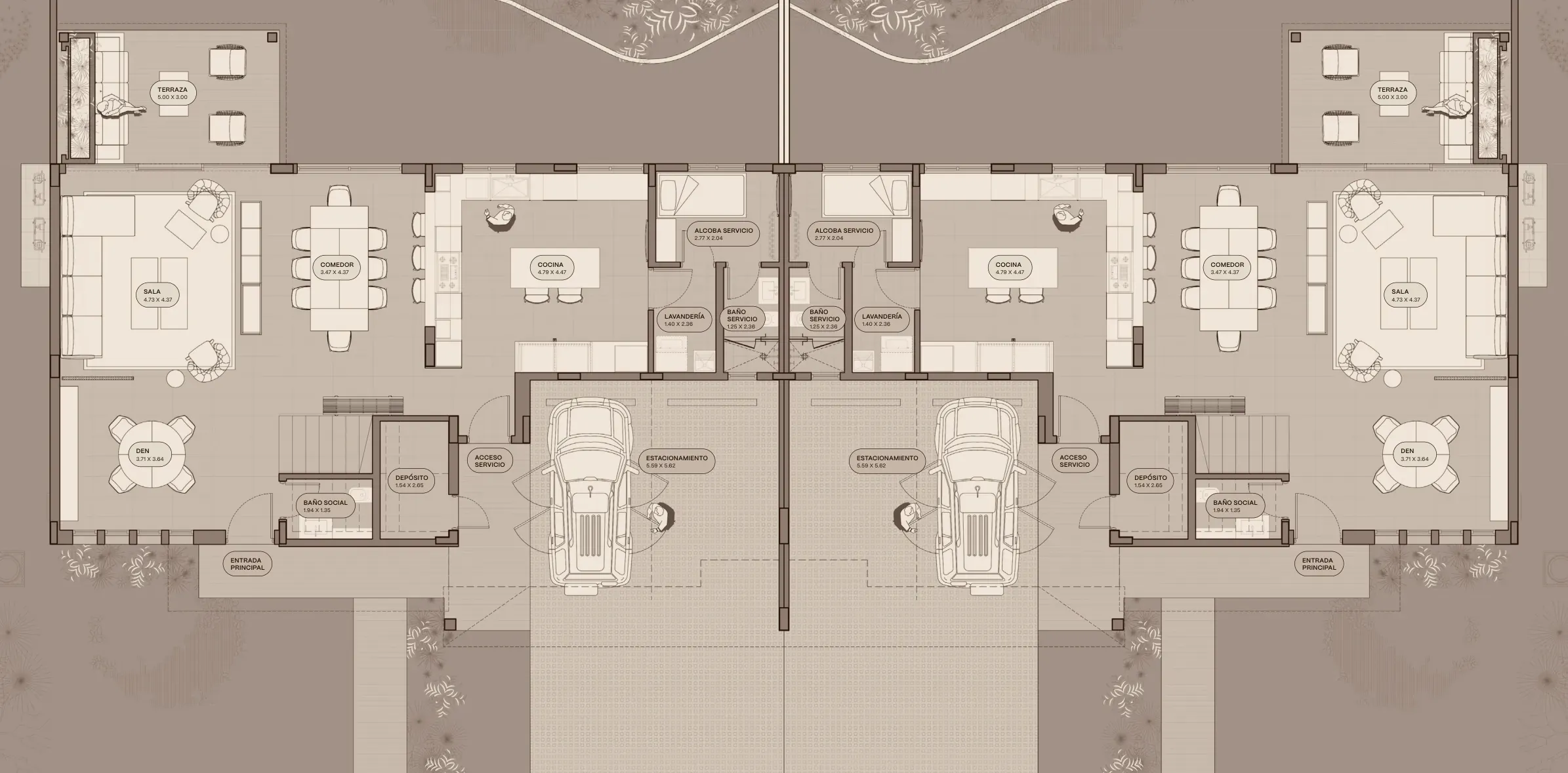 Planta baja del modelo B1 de The Woods en Santa María, versión con terrazas separadas: sala, comedor, cocina, den y estacionamiento