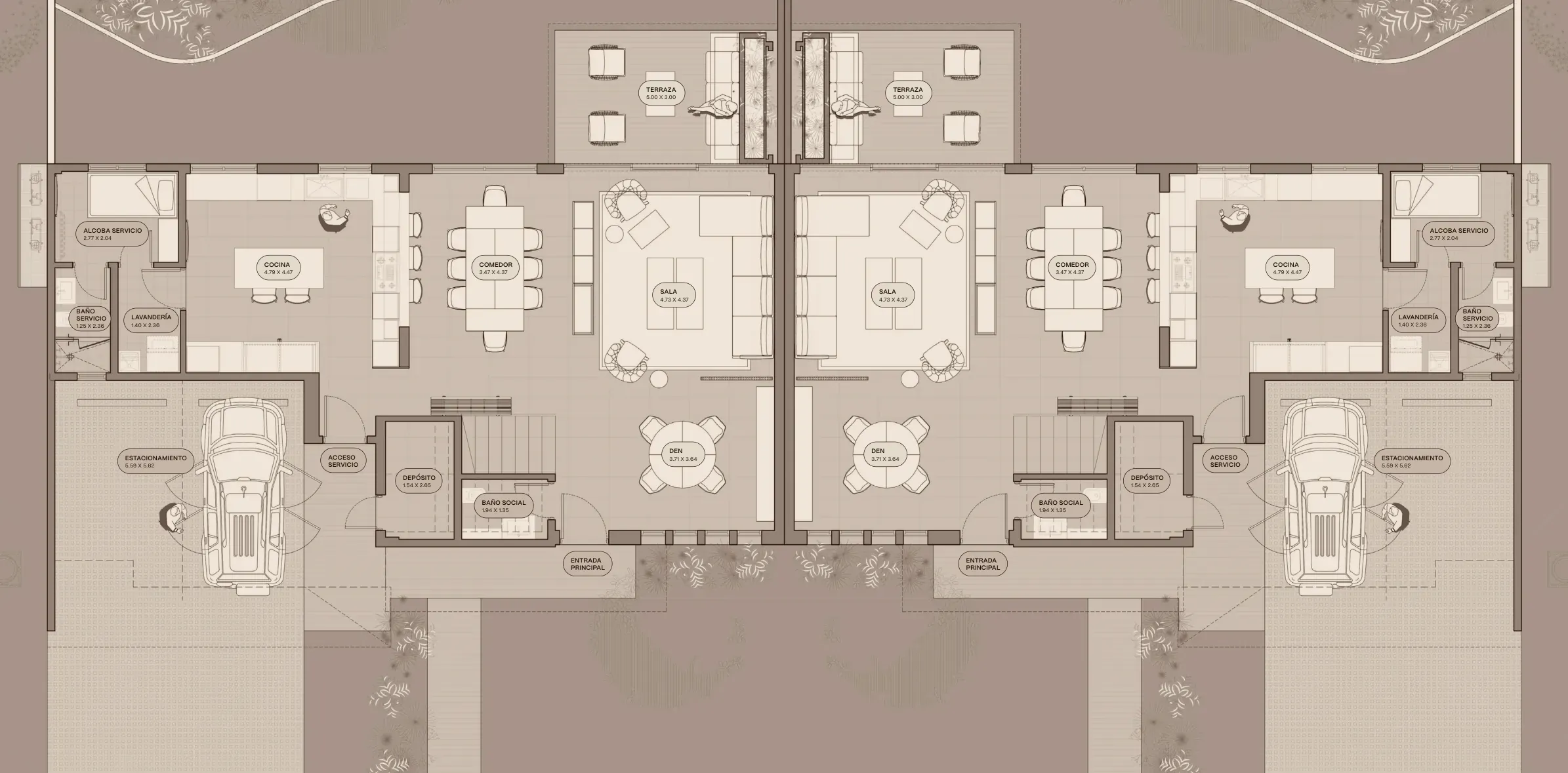 Planta baja del modelo B1 de The Woods en Santa María, versión con terrazas unidas: sala, comedor, cocina, den y estacionamiento
