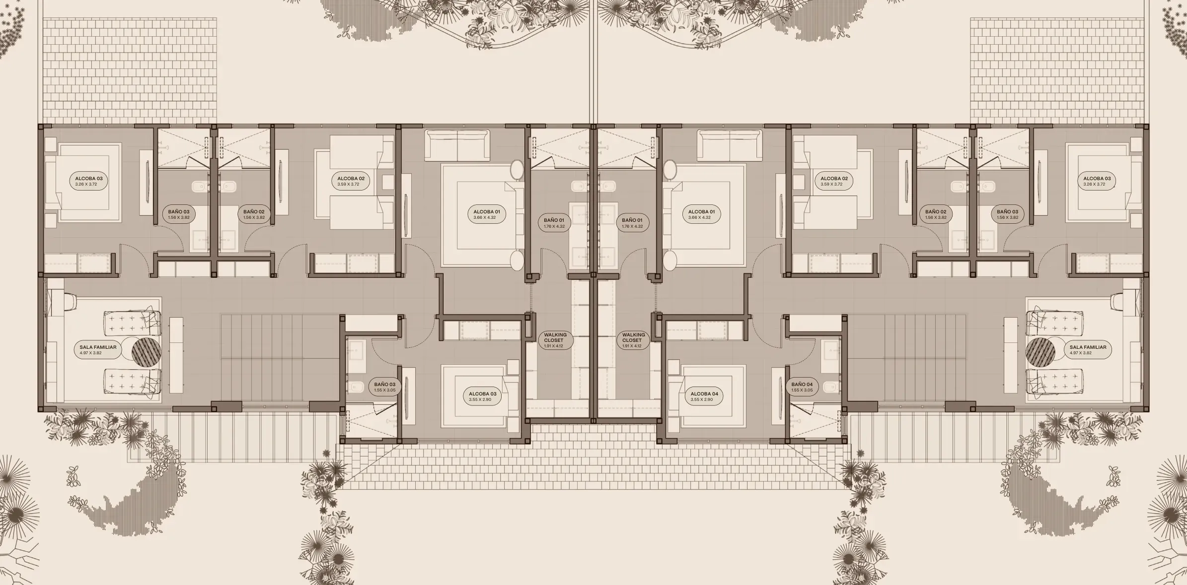 Planta alta del modelo B4 de The Woods en Santa María: cuatro recámaras, cuatro baños, walking closet y sala familiar