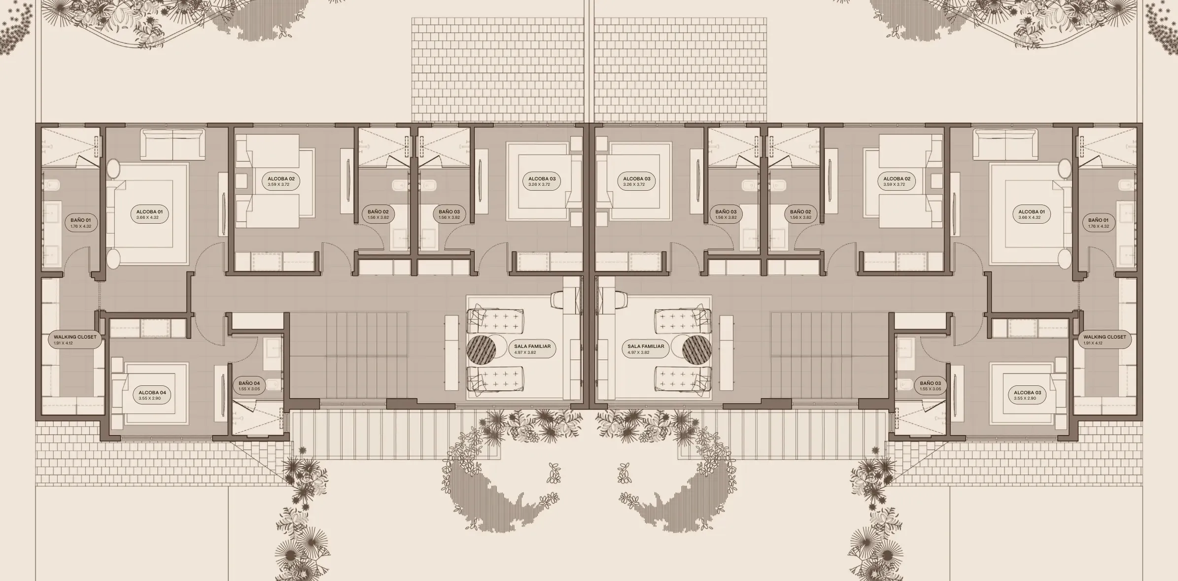 Planta alta del modelo B4 de The Woods en Santa María: cuatro recámaras, cuatro baños, walking closet y sala familiar