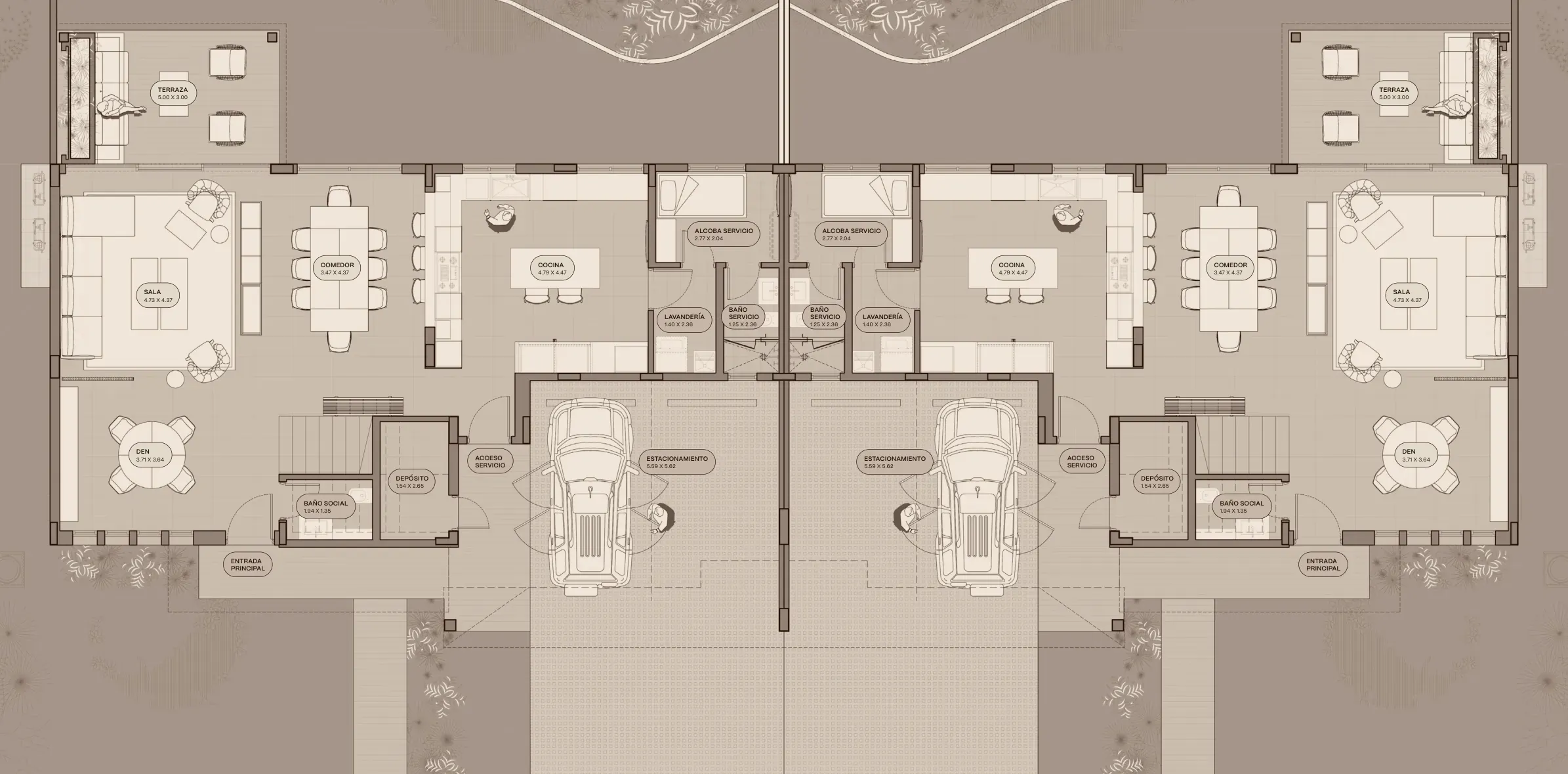 Planta baja del modelo B4 de The Woods en Santa María, versión con terrazas separadas: sala, comedor, cocina, den y estacionamiento