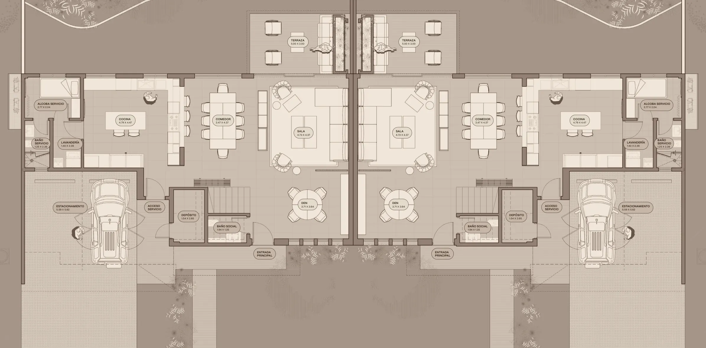 Planta baja del modelo B4 de The Woods en Santa María, versión con terrazas unidas: sala, comedor, cocina, den y estacionamiento