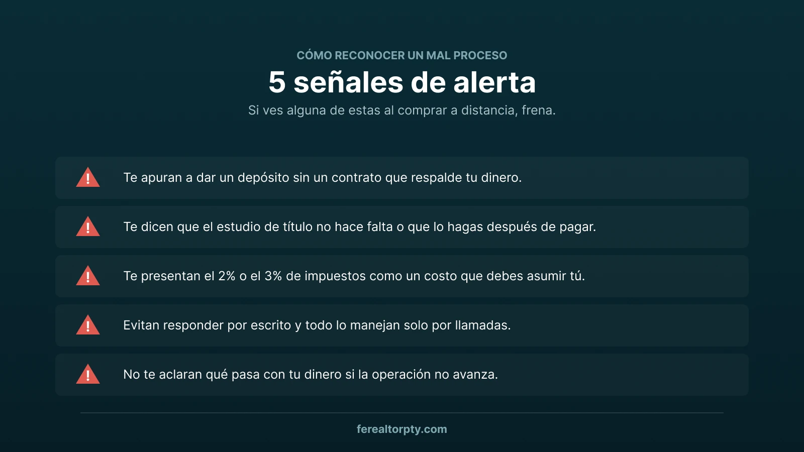 Cinco señales de alerta al comprar un apartamento en Panamá a distancia: depósito sin contrato, saltarse el estudio de título, impuestos mal asignados y falta de claridad