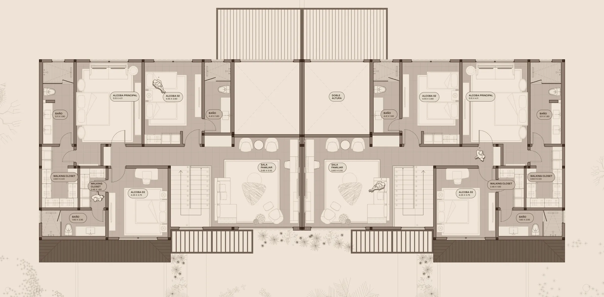 Planta alta del modelo A de The Woods en Santa María: tres recámaras, tres baños, dos walking closets, sala familiar y doble altura
