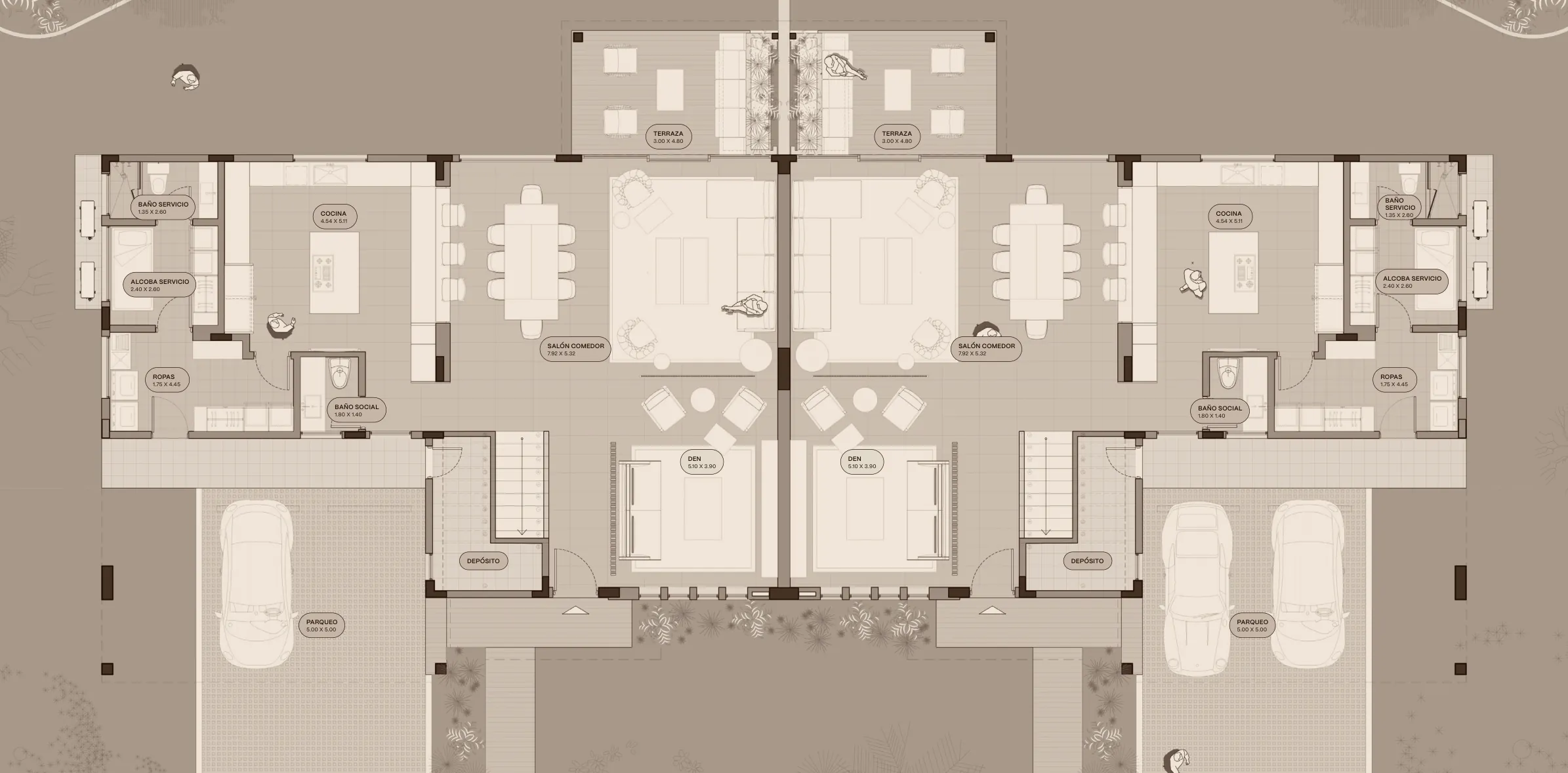 Planta baja del modelo A de The Woods en Santa María: sala comedor, cocina, den, terraza y dos estacionamientos