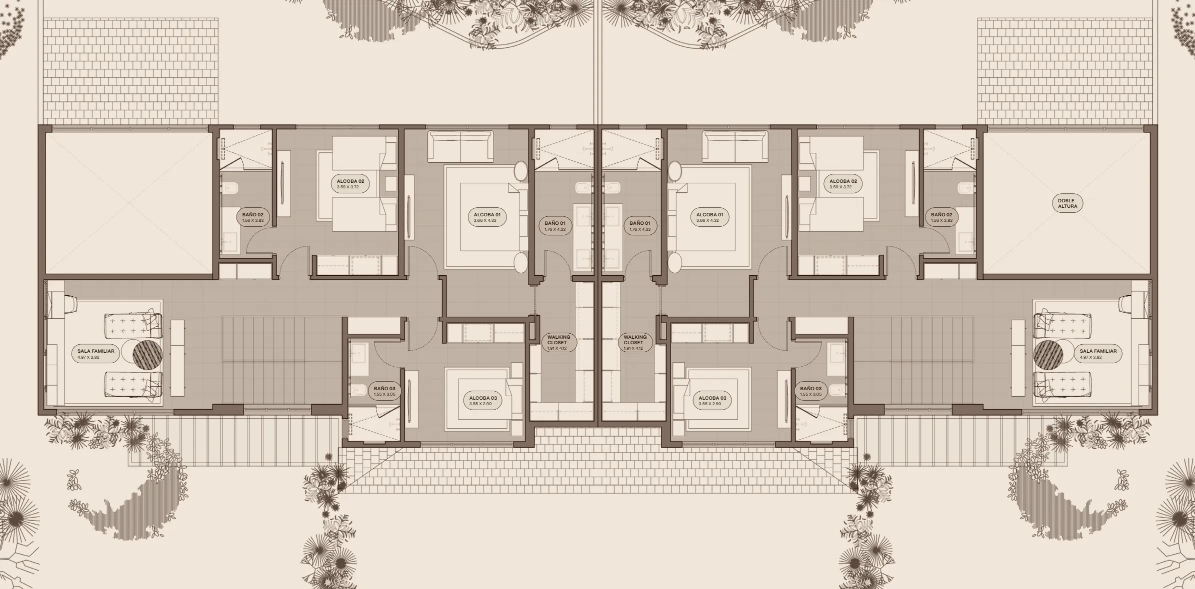 Planta alta del modelo B1 de The Woods en Santa María: tres recámaras, tres baños, walking closet, sala familiar y doble altura