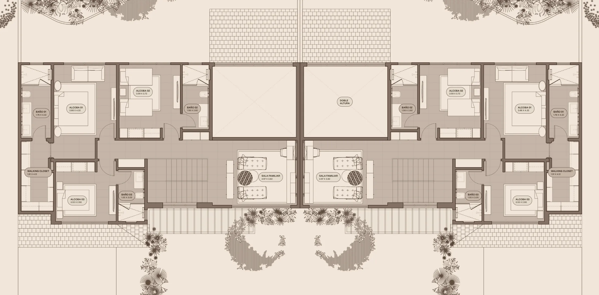 Planta alta del modelo B1 de The Woods en Santa María: tres recámaras, tres baños, walking closet, sala familiar y doble altura