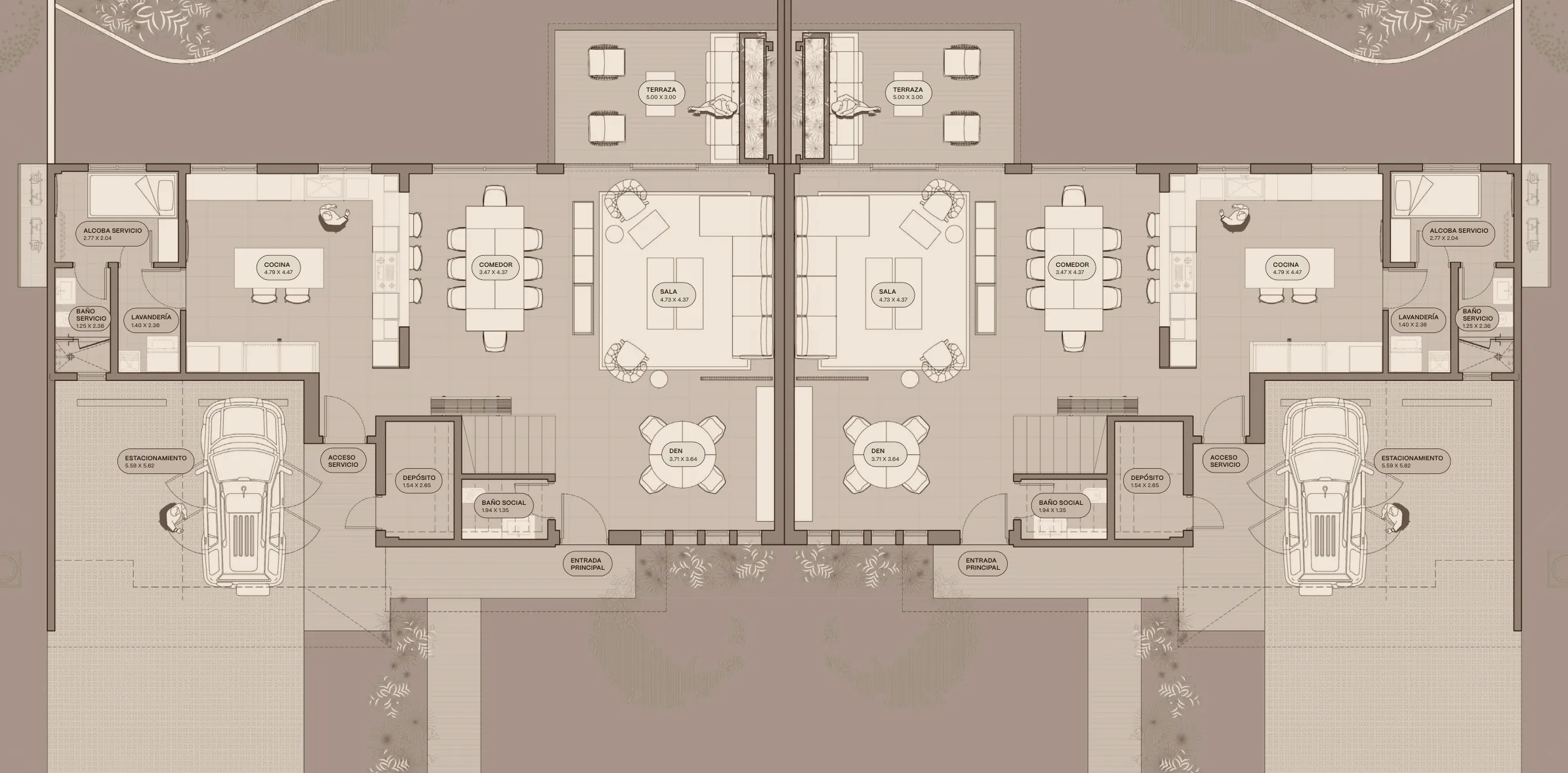 Planta baja del modelo B1 de The Woods en Santa María, versión con terrazas unidas: sala, comedor, cocina, den y estacionamiento